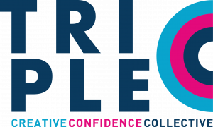 TripleC Logo withe the word TRIPLE in large navy blue and the C decorated in the shape of the letter in Navy Blue, fuchsia and light blue, with Creative Confidence Collective underneath in the same colours all on a clear background
