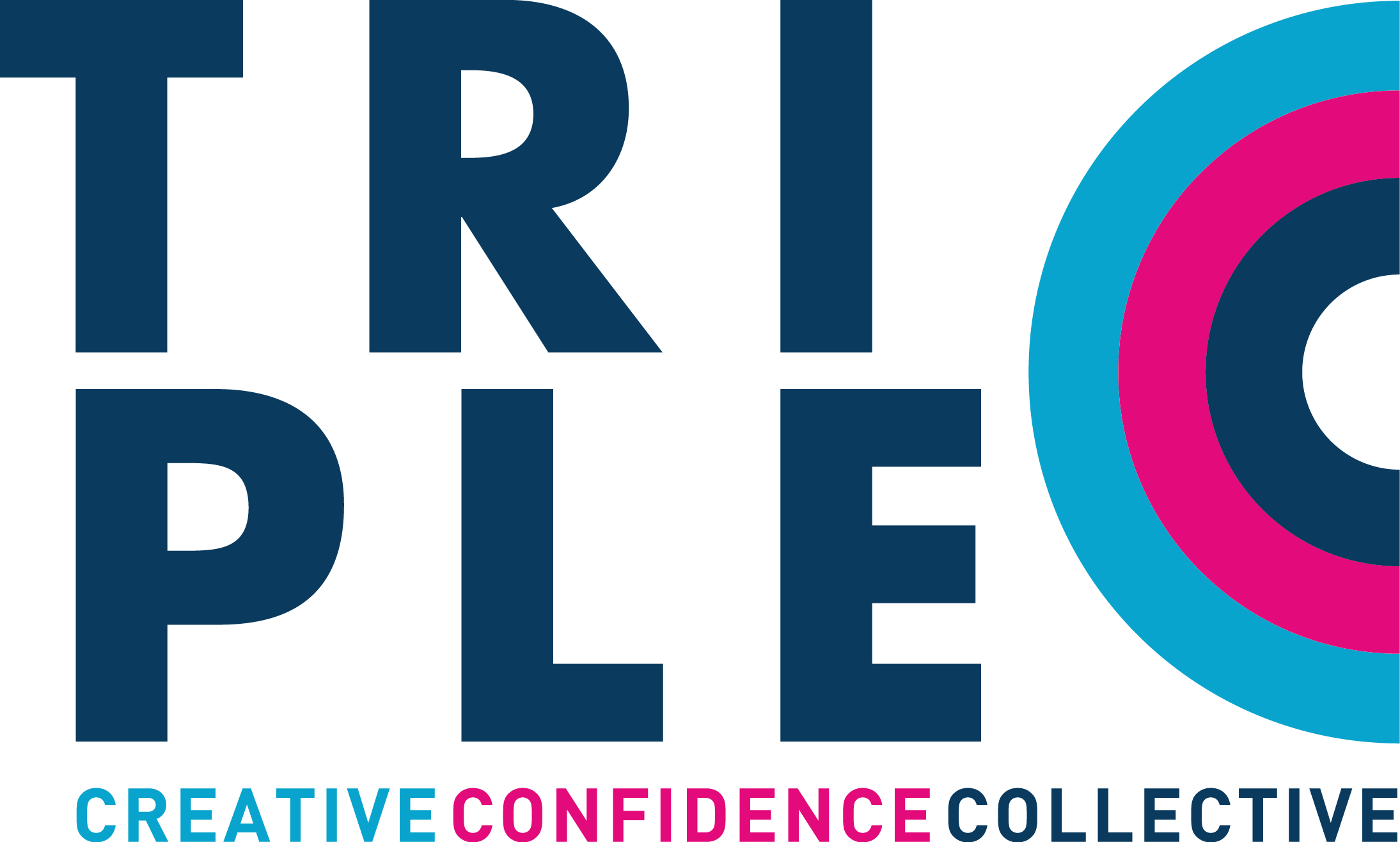 TripleC Logo withe the word TRIPLE in large navy blue and the C decorated in the shape of the letter in Navy Blue, fuchsia and light blue, with Creative Confidence Collective underneath in the same colours all on a clear background