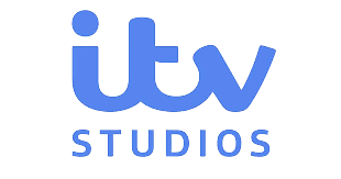 ITV logo which is the lower case letters of ITV in bold cursive writing directly underneath the word studios in capital letters all in a slightly purple blue colour