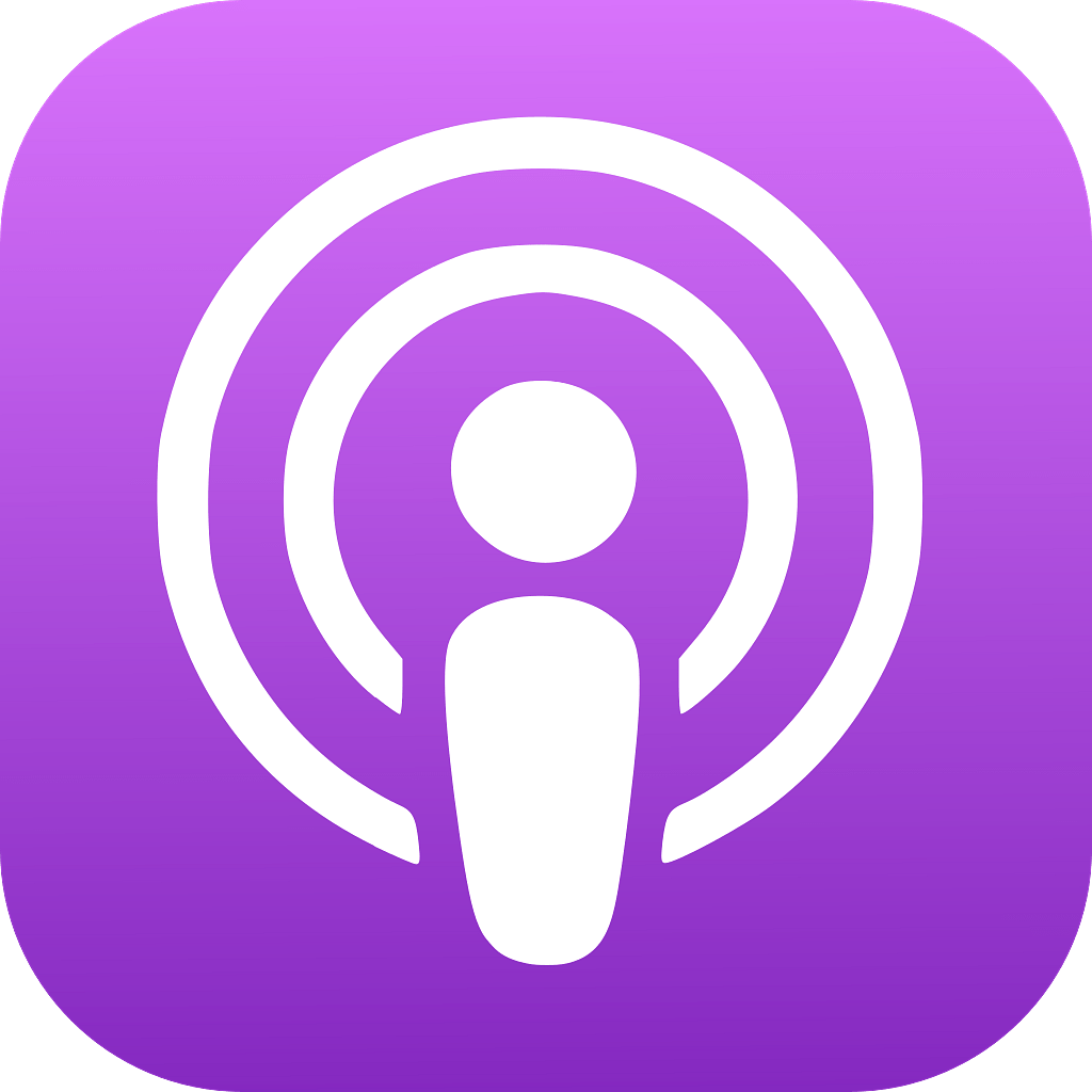 Apple Podcasts logo, which is a purple square with the symbol of a person in the middle with two circles around the person, one water than other with the smallest inside the largest circle all in white
